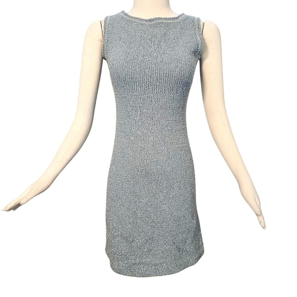 Vintage 1960's Dress Minidress Silver Gray Metallic Knit Sleeveless Retro Disco